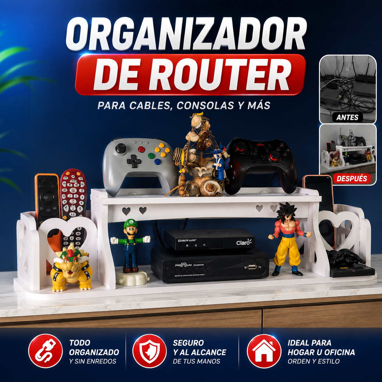 ESTANTE ORGANIZADOR WIFI TODO EN UNO – ¡DISEÑO MODERNO Y RESISTENTE! ✔