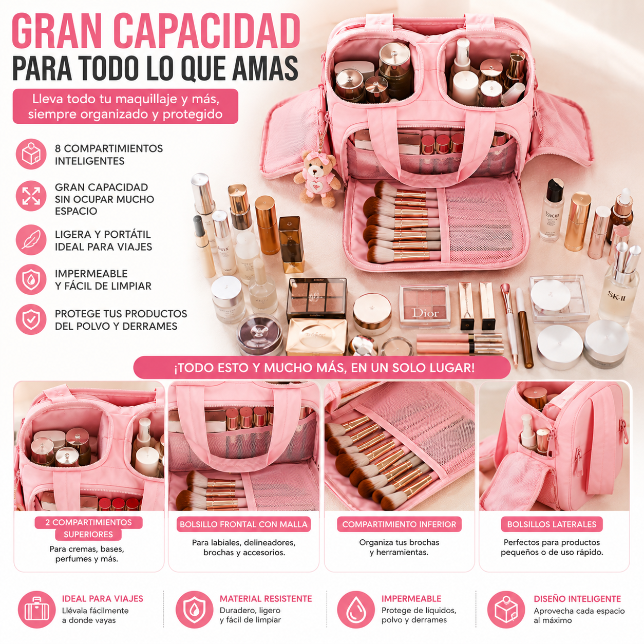 COSMETIQUERA ORGANIZADORA DE 8 COMPARTIMIENTOS – ORGANIZA TODO EN SEGUNDOS 💖