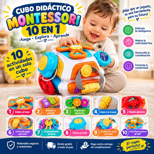 Cubo Montessori Interactivo 10 en 1 para Desarrollo Infantil 🌈