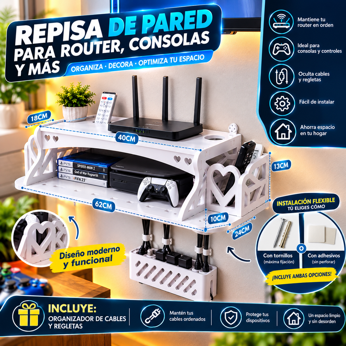 ESTANTE ORGANIZADOR WIFI TODO EN UNO – ¡DISEÑO MODERNO Y RESISTENTE! ✔